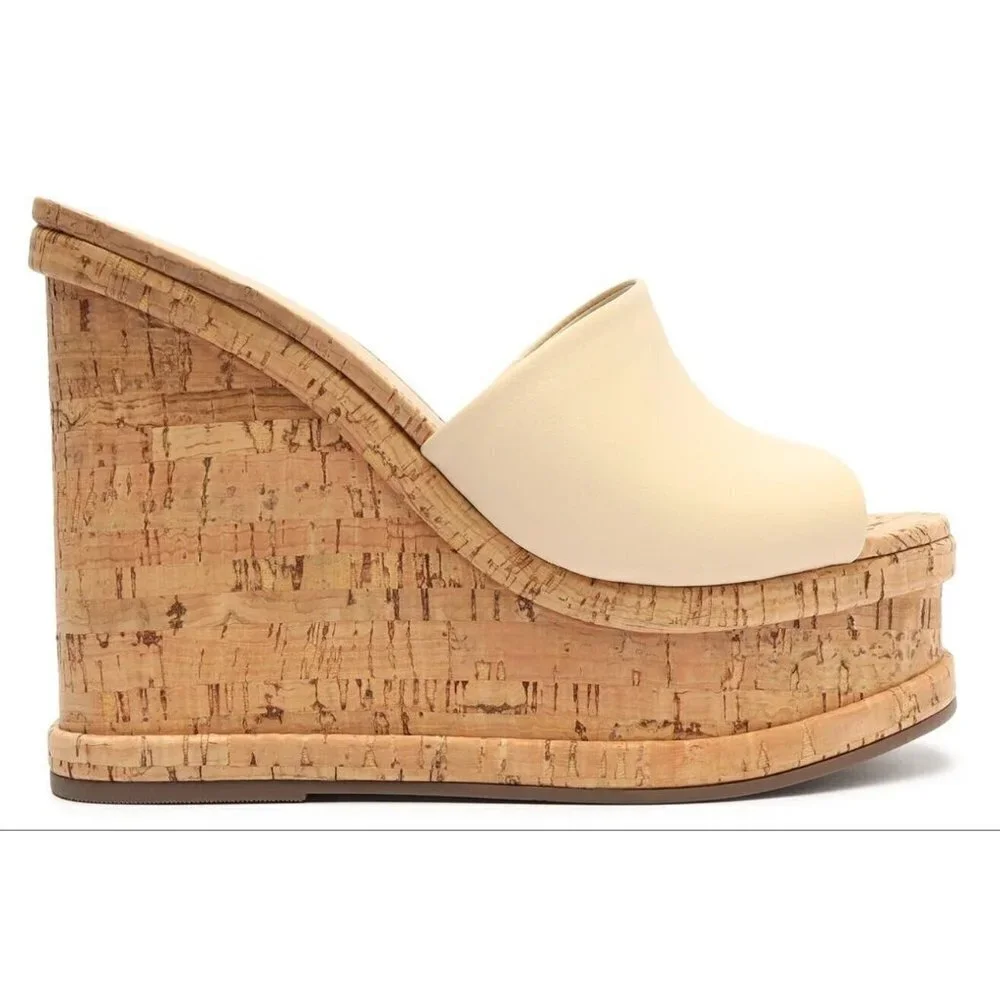 Schutz Dalle Nappa Leather Cork Platform Wedge Sandals Egg Shell Cream 10 NIB